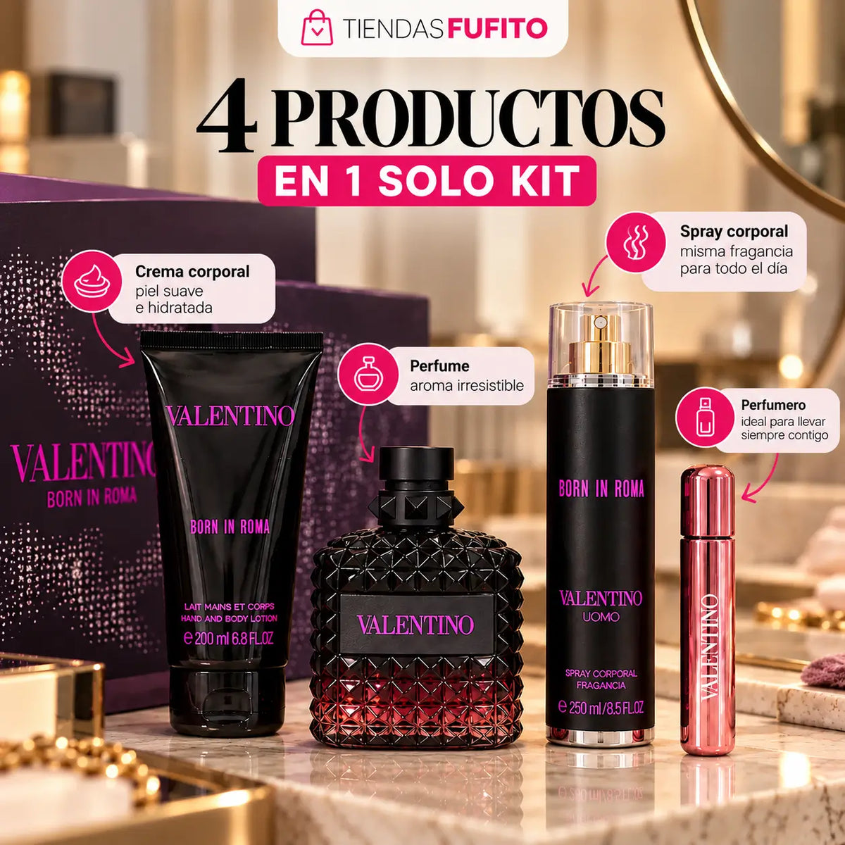 Kit Valentino 4 en 1 – 550 ml para una experiencia completa 🌸💜