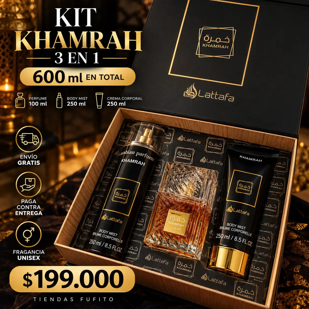 Kit Khamrah unisex: Perfume + crema + splash - 600ml ✨