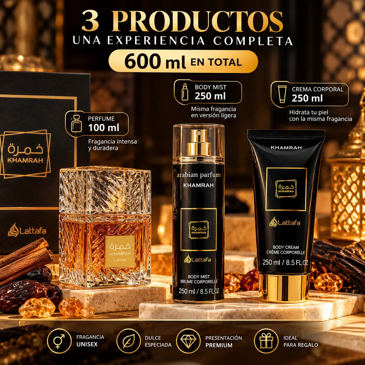 Kit Khamrah unisex: Perfume + crema + splash - 600ml ✨