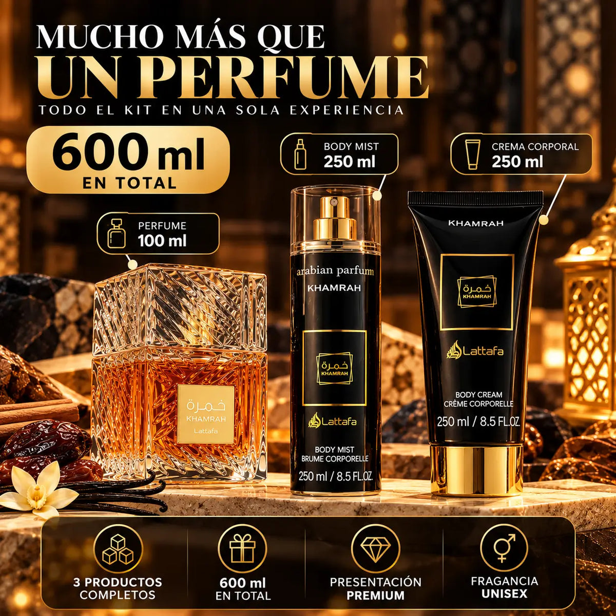 Kit Khamrah unisex: Perfume + crema + splash - 600ml ✨