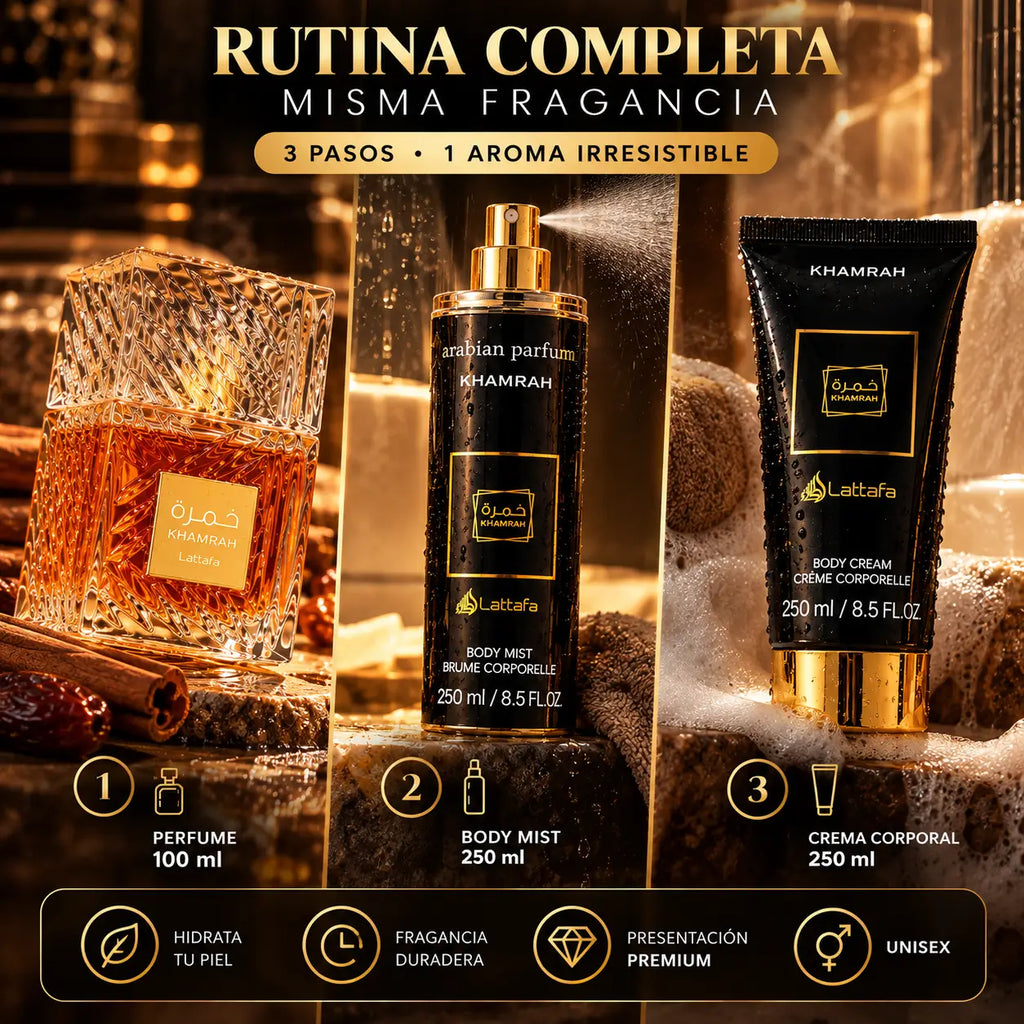 Kit Khamrah unisex: Perfume + crema + splash - 600ml ✨