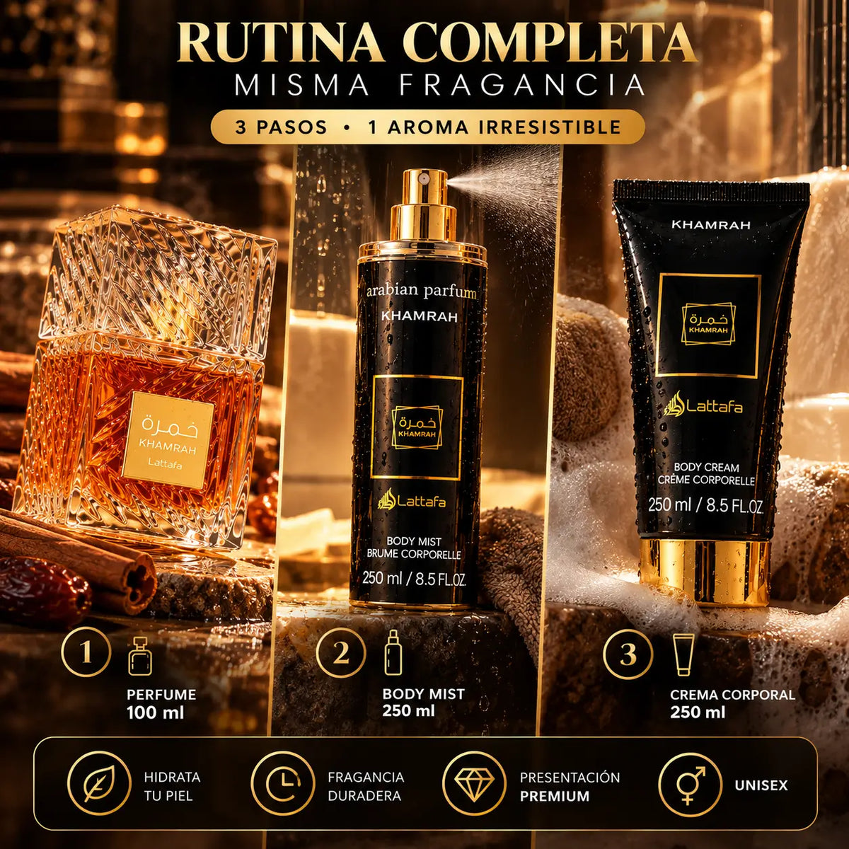 Kit Khamrah unisex: Perfume + crema + splash - 600ml ✨